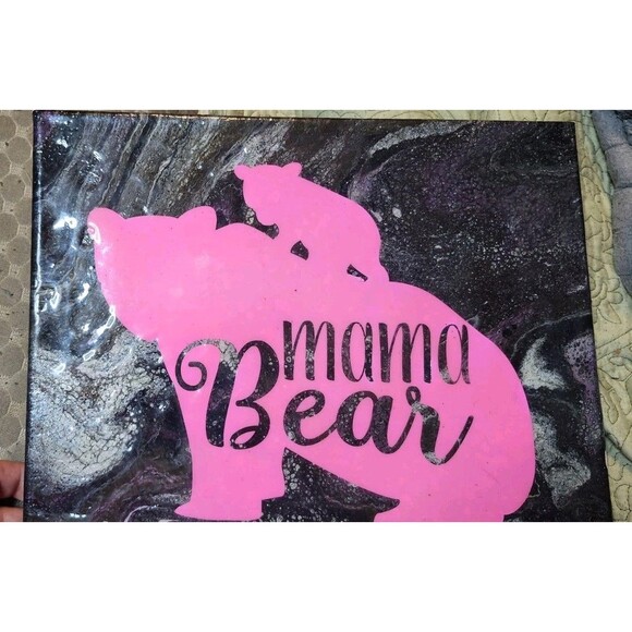 Mama Bear Pink Silhouette Mixed Media 14x11 Acrylic Pour Epoxy Wall Art - Picture 4 of 4